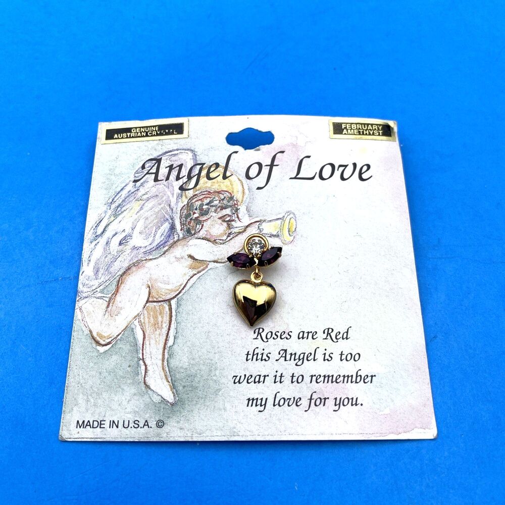 Vintage Angel of Love February Amethyst Austrian Crystal Gold Tone Heart Pin USA